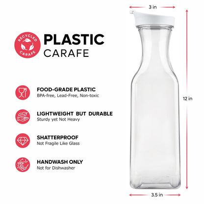GUSTO [50 oz - 6 Pack] Plastic Carafe with Lid, Large Capacity Square Base - Clear Pitcher with Flip Top Lid, Easy-Pour Spout Juice Containers with Lids - Perfect for Mimosa Bar, Water, and Cold brew