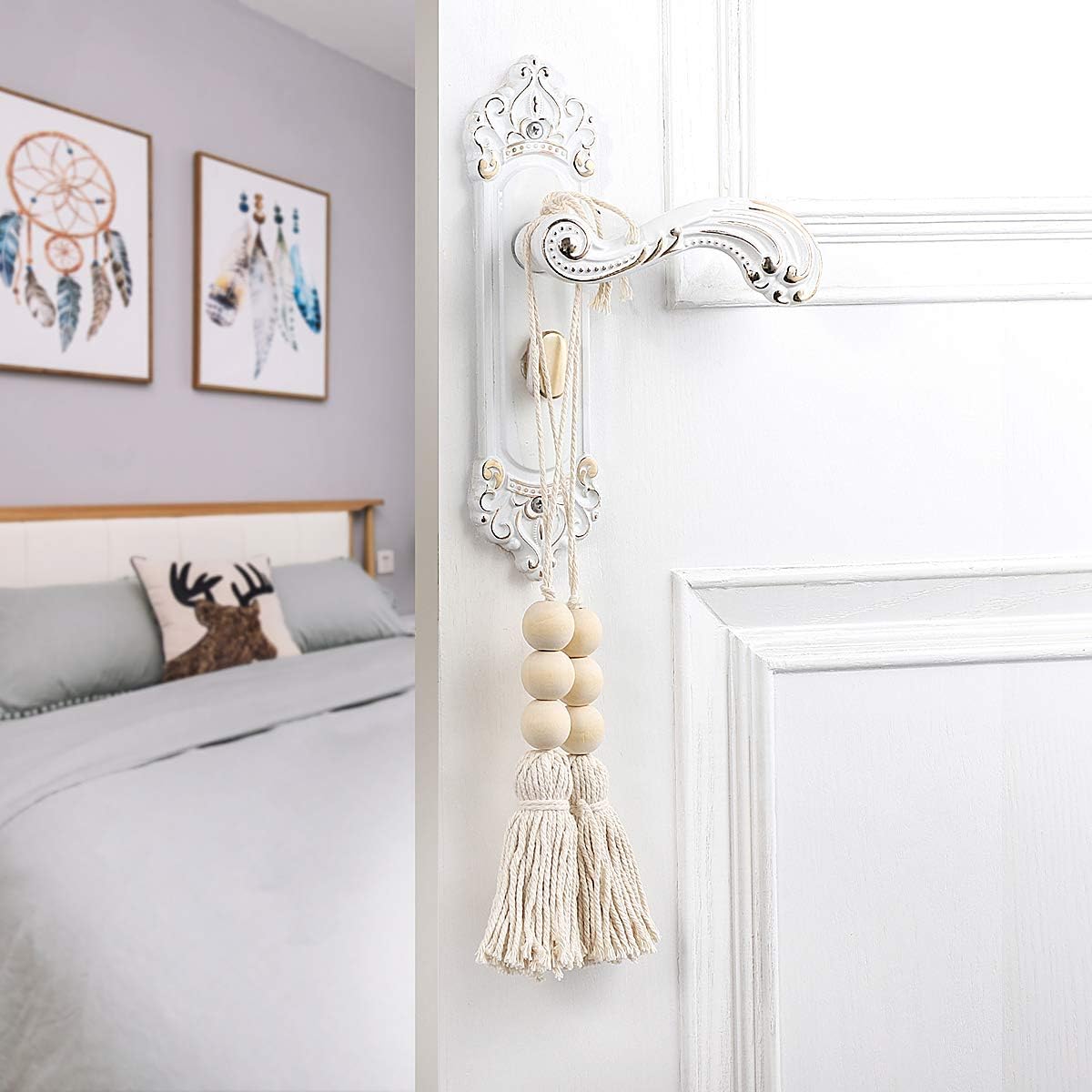 Garneck 4pcs Natural Cotton String Tassel Wood Beads, Handmade Wooden Pendant for Closet Door Handle Decor