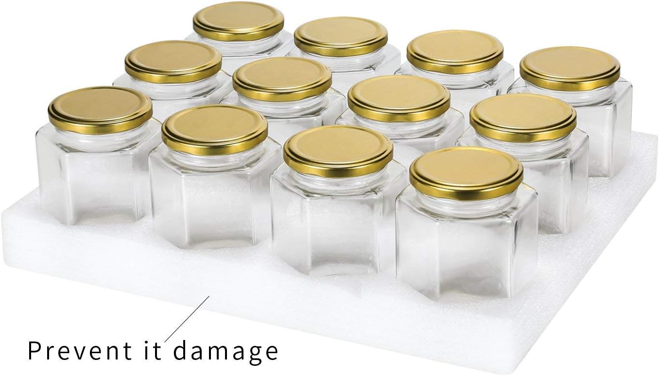 Encheng 16 oz Clear Hexagon Jars with Lids (Golden), Mason Jars for Honey, Foods, Jams, Liquid, Spice Jar, 12 Pack