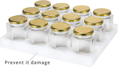 Encheng 16 oz Clear Hexagon Jars with Lids (Golden), Mason Jars for Honey, Foods, Jams, Liquid, Spice Jar, 12 Pack
