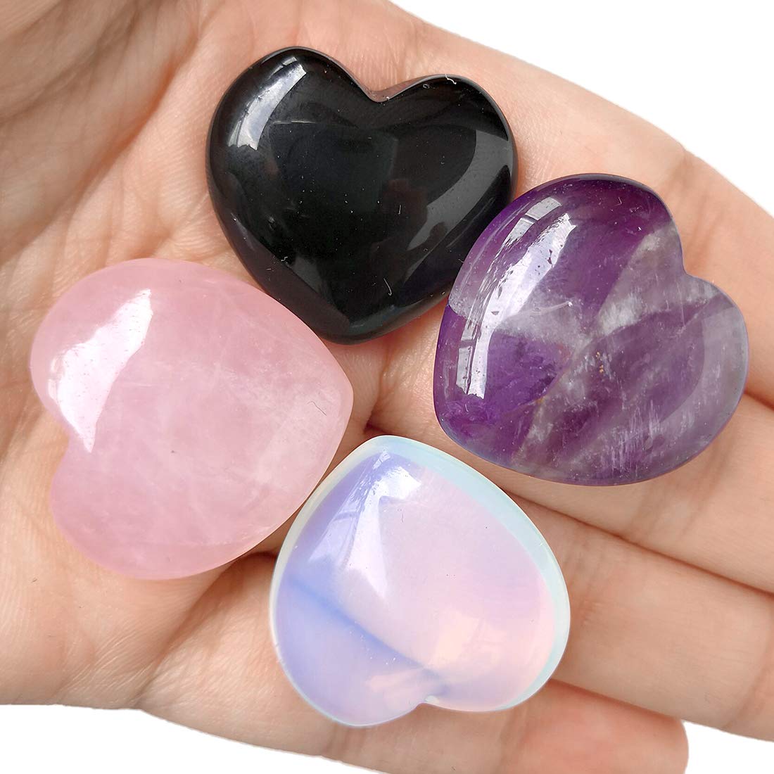 Loveliome 4 Pcs Mix-Color Carved Puff Heart Pocket Stone,Healing Palm Crystal Chakra Reiki Balancing Energy Stone for Jewelry Making(1 Inch)