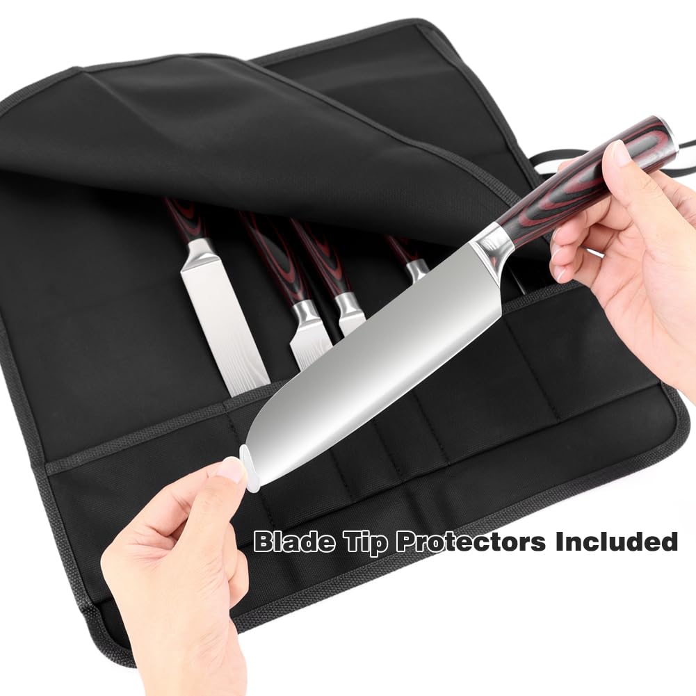 6 Slot Puncture Resistant Knife Roll, Waxed Canvas Knife Bag Featuring UHMWPE Fabric, Tie Straps Knife Roll Bag Fit 8-Inch Chef Knives