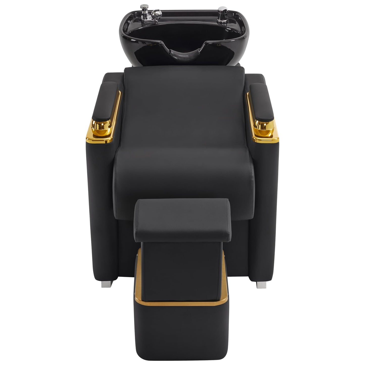 BarberPub Backwash Shampoo Station Chair with Porcelain Ceramic Hair Wash Bowl, Vacuum Breaker, Professional Black&Gold Shampoo Chair for Salon and Spa 8613 (Black)