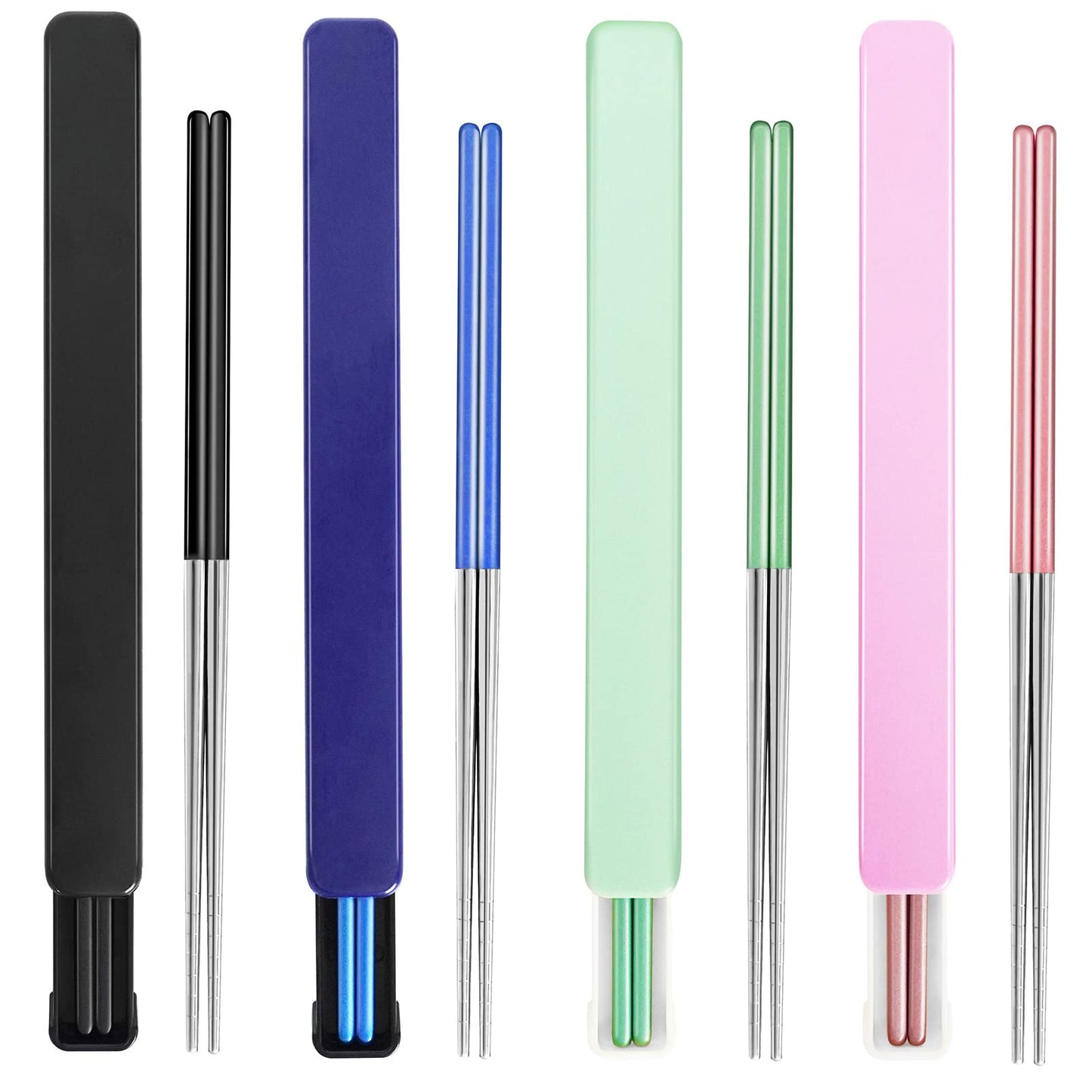 Metal Chopsticks Reusable Portable Stainless Steel Dishwasher Safe Chopsticks with Case for School,Camping,Travel, Bento Box, 9 Inches in length, Alternative to Wooden (Black+Blue+Green+Pink)