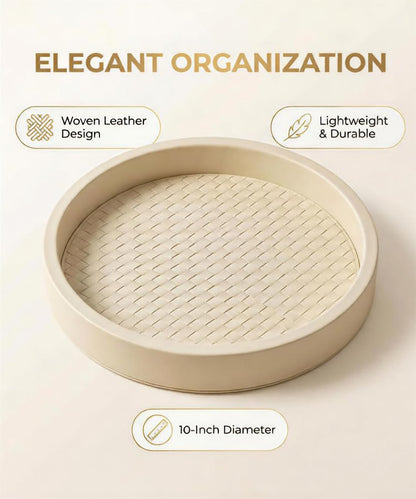DEYIMAN Woven Leather Vanity Tray - 10 Inch Round Nightstand Organizer for Perfume & Jewelry, Beige