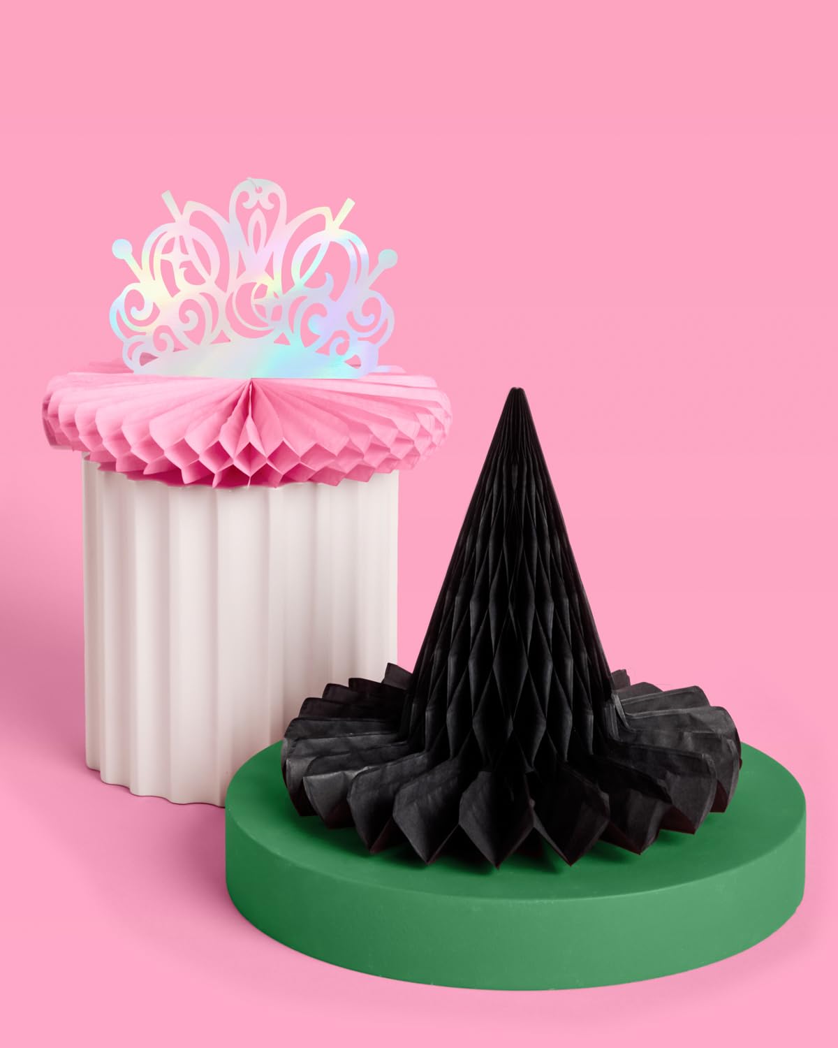 xo, Fetti Witch Party Hanging Decor - Set of 4 | Pink Tiara + Black Hat | Iridescent Centerpieces, Magical Birthday Decorations, 3D Tabletop Setting