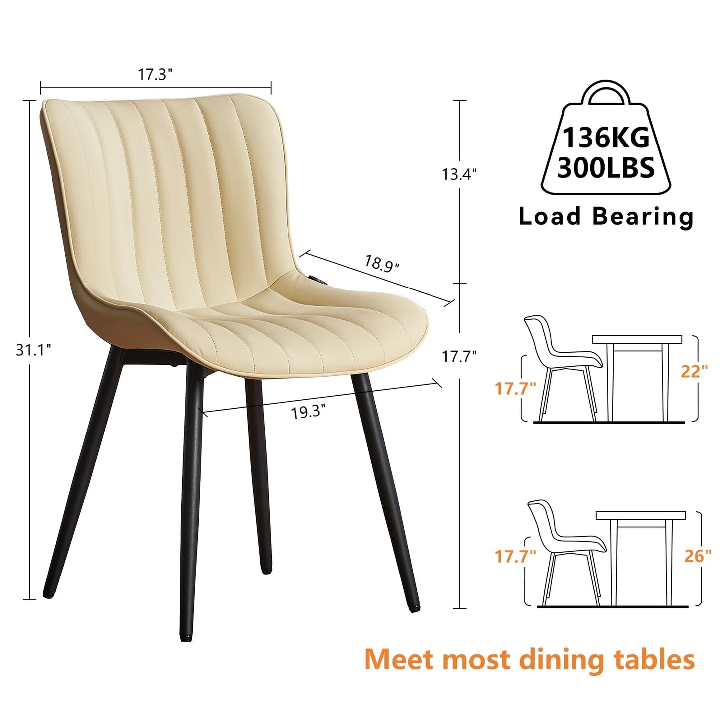 YOUNUOKE Mid-Century Modern Dining Chairs Set of 2, Beige PU Leather Upholstered Kitchen Chairs with Black Metal Legs, Armless Accent Chair for Dining Room, Guest Reception Room