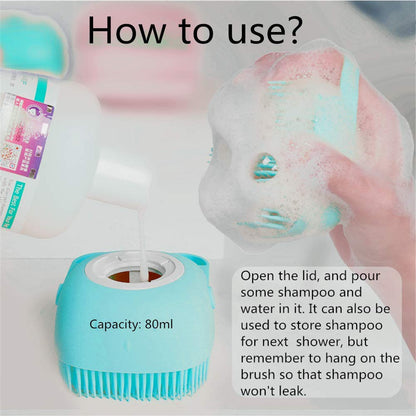 Misthis Portable Dog Bath Brush - Pet Massage Brush Shampoo Dispenser Soft Silicone Brush Rubber Bristle for Dogs and Cats Shower Grooming (Blue)