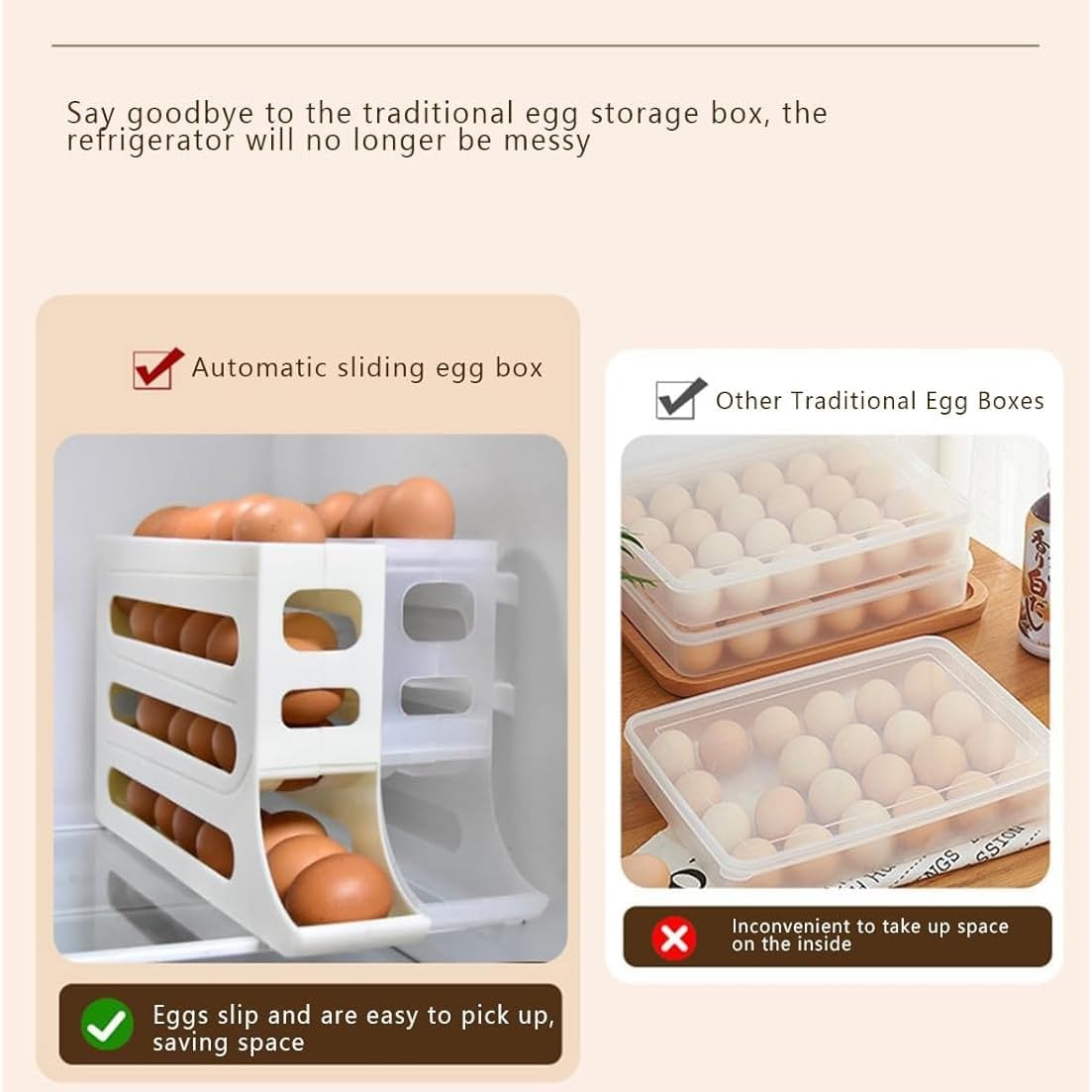 30 Eggs Egg Holder for Fridge - Auto Rolling Fridge Egg Organizer, 4 Tiers Large Capacity Egg Dispenser (White)