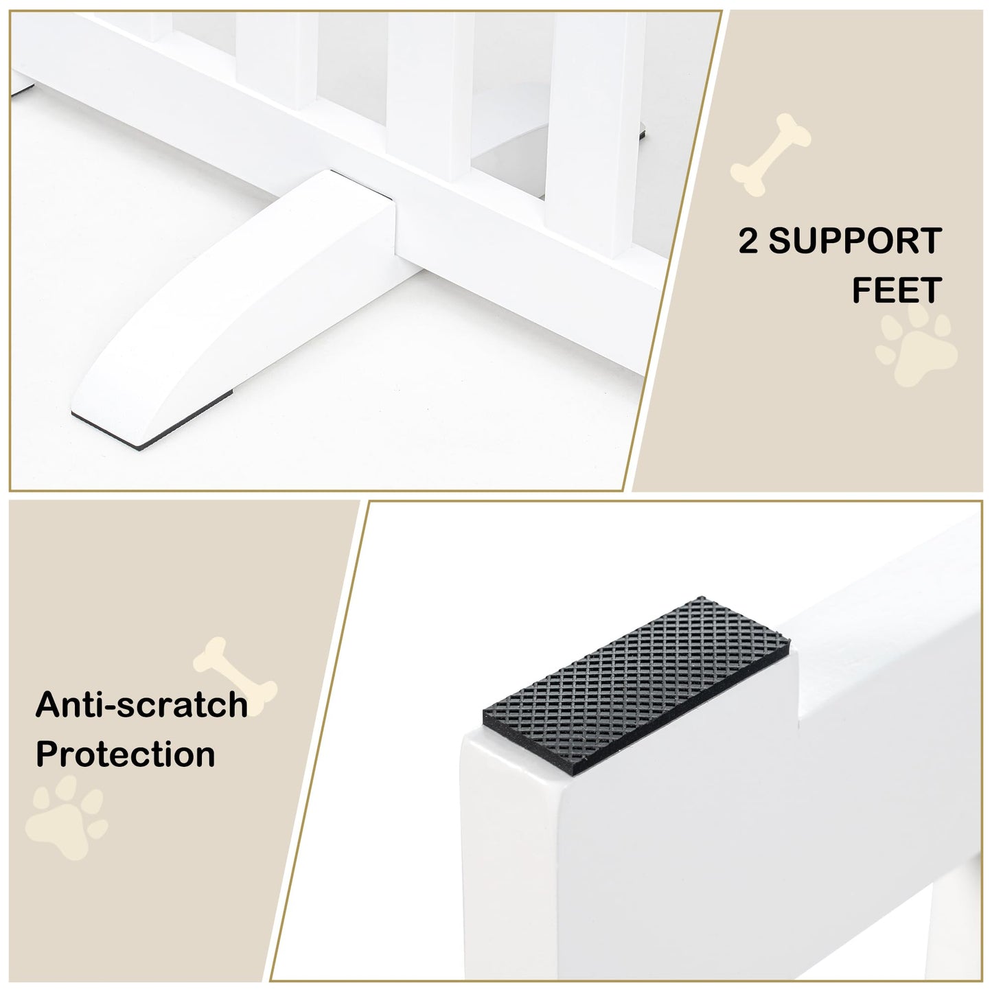 30" Height Tall Freestanding Pet Gate, Solid Wood Folding Safety Fence Wooden Dog Gate with 2 PCs Support Feet Ideal for Stairs, Doorways, Halls, Kitchens, Heavy Duty Gates, 2 Panels, White