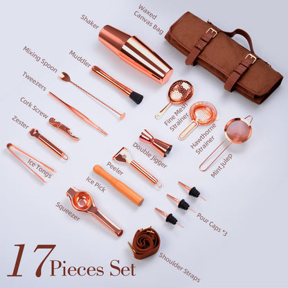 Eligara Bartender Kit Bag, 17-Piece Copper Bar Tool Set Cocktail Shaker Set with All Practical Bar Accessories, Portable Travel Cocktail Set with Shoulder Strap for Bartenders, Parties, Camping Trips