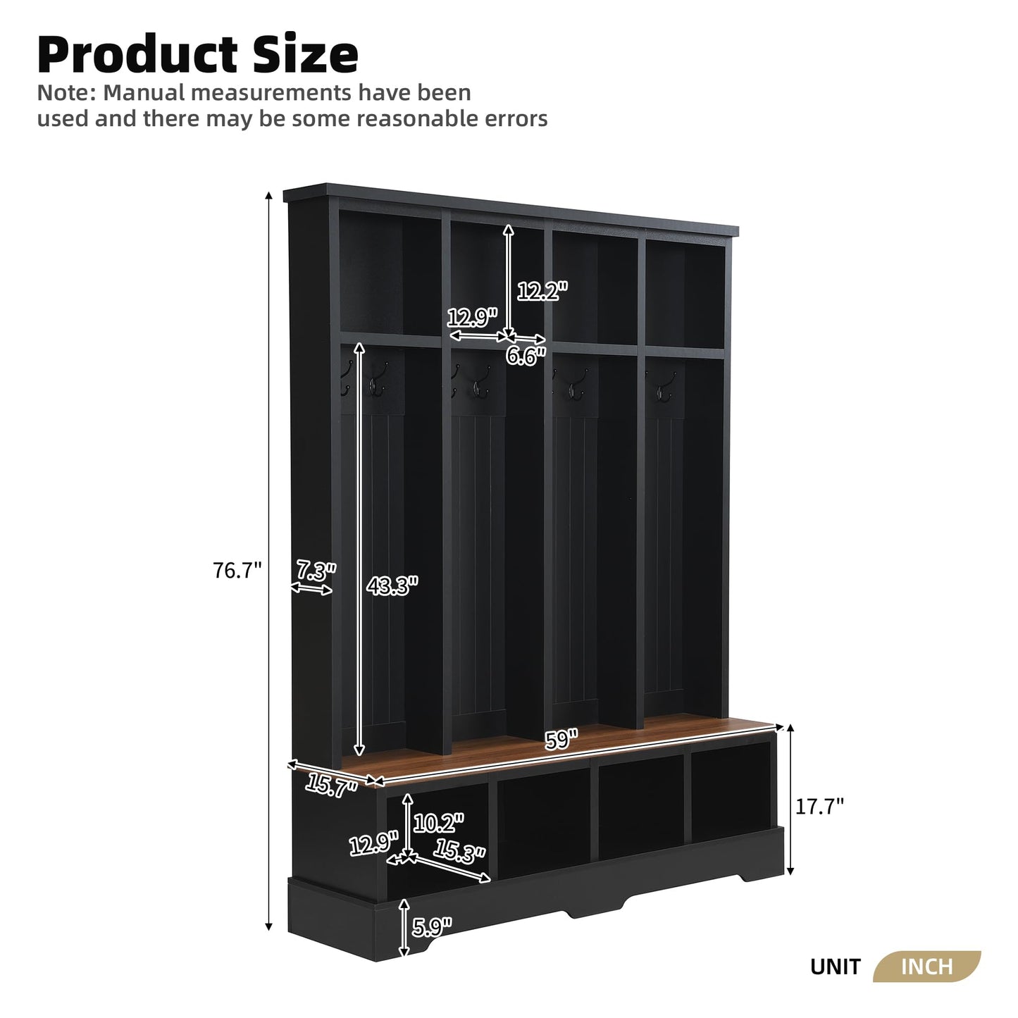 WZONICE98 76.7" Hall Tree with 8 Hooks, Farmhouse Entryway Bench with Shoe Storage Compartments, 3-in-1 Coat and Shoe Rack for Mudroom, Living Room, Black