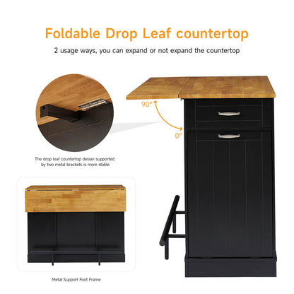 ONBRILL Stationary Kitchen Islands Include 2 Chairs, 47" Kitchen Island with Drop Leaf, Home Bar Table with Spice Rack & with Trash Cabinet, Island Table for Dining Room with Power Outlet, Black