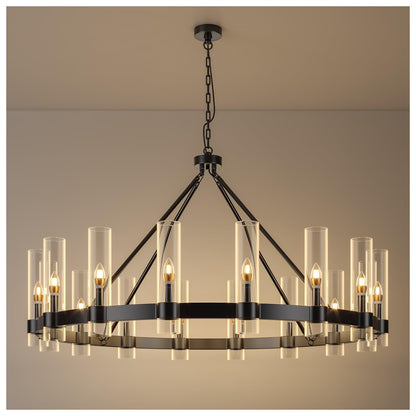 AEULYTIR 48 Inch Black Wagon Wheel Chandelier with Glass Shade, 16 Lights, Modern Farmhouse Style, Ideal for Dining Room, Kitchen, Entryways