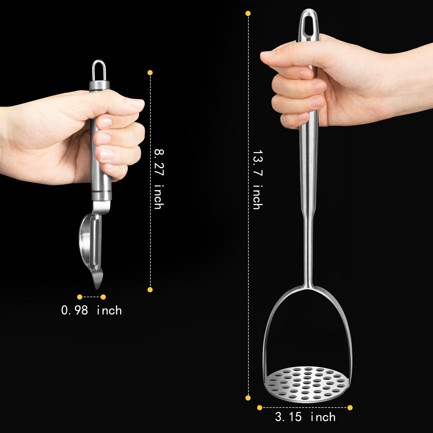 VOOVAO 2Pcs Long Handle Large Potato Smasher with Peeler,Mashed Potato Masher,Stainless Steel Masher Kitchen Tool for Bean,Vegetable,Food,Fruit,Salad