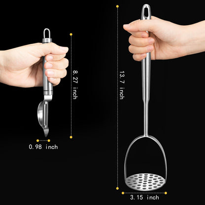 VOOVAO 2Pcs Long Handle Large Potato Smasher with Peeler,Mashed Potato Masher,Stainless Steel Masher Kitchen Tool for Bean,Vegetable,Food,Fruit,Salad