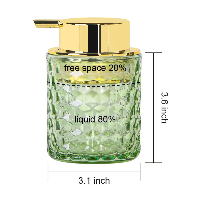Fvstar 10 Oz Glass Hand Soap Dispenser with Pump, Refillable Bathroom Gold Foaming Soap Dispenser, Vintage Glass Diamond Lotion Container Bottle for Bathroom and Kitchen (1, Green and Gold)