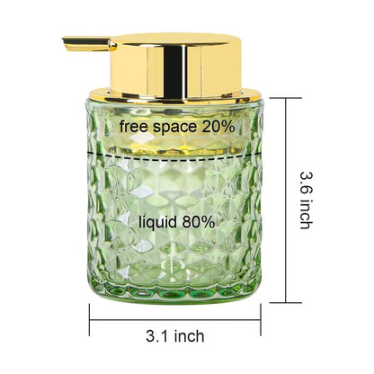 Fvstar 10 Oz Glass Hand Soap Dispenser with Pump, Refillable Bathroom Gold Foaming Soap Dispenser, Vintage Glass Diamond Lotion Container Bottle for Bathroom and Kitchen (1, Green and Gold)