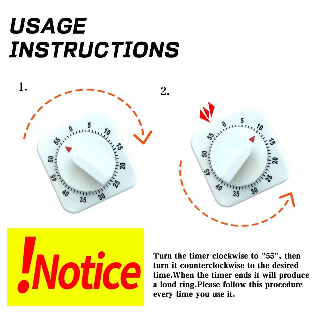 Square 60 Minute Mechanical Kitchen Timer - Visual Cooking Timer Clock with Loud Alarm - Ideal for Baking, Kitchen