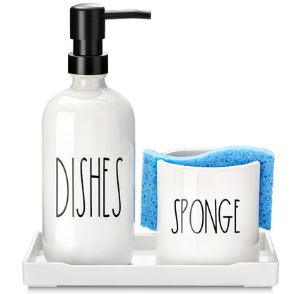 ALPIRIRAL Dish Soap Dispenser for Kitchen, Ceramic Dish Soap Dispenser with Sponge Holder, White Dispenser Set with Tray, 3 in 1 Countertop Sink Organizer, Farmhouse Modern Kitchen Decor