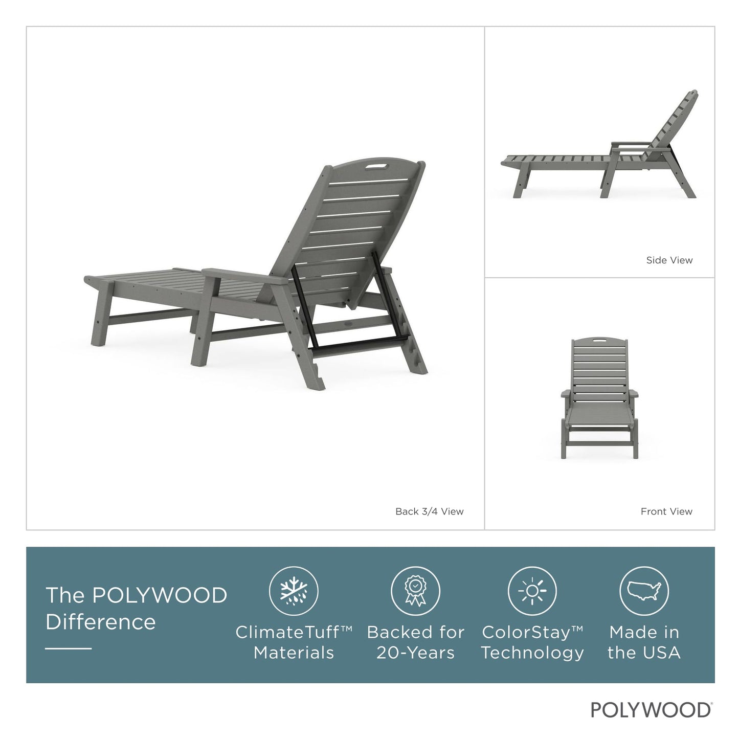 POLYWOOD NCC2280GY Nautical Arms Chaise, Slate Grey