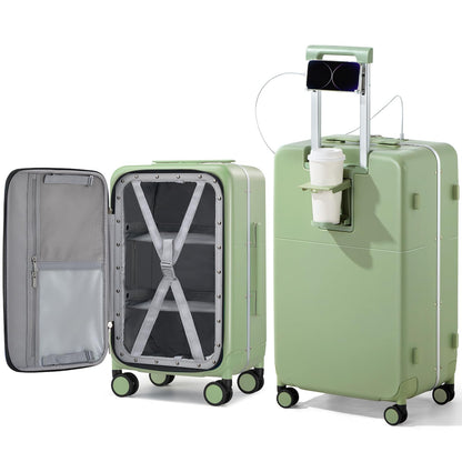 Hanke 28 Inch Checked Luggage with Cup Holder and USB Ports, Top Opening Hard Shell Suitcase with Wheels, Aluminum Frame Large Trunk Luggage with Foldable Divider & TSA Lock for Travel, Bamboo Green