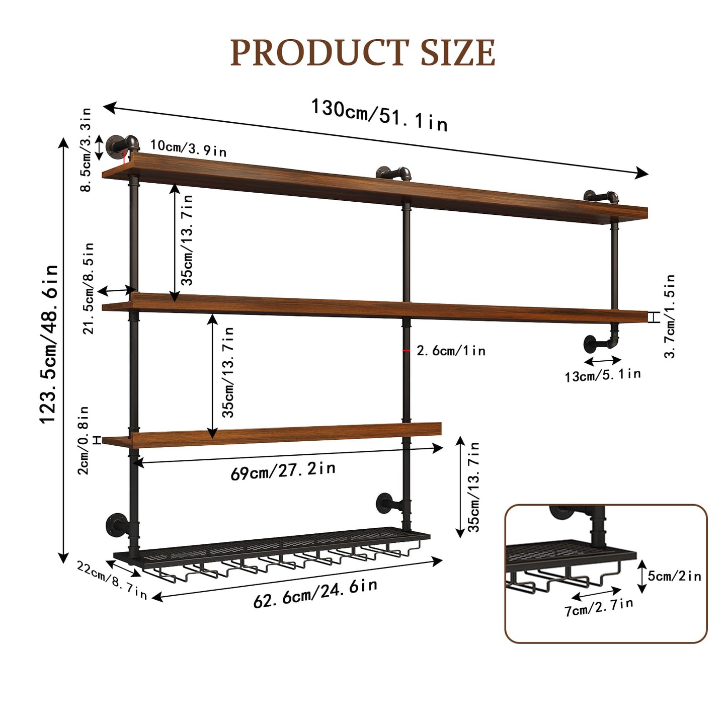 TAUODUYY 51.1in Large Wine Rack with LED Light, 4 Tiers Solid Wood Wall Mounted Wine Rack, Industrial Liquor Bottles Floating Shelves with Glass Holder for Home Bar/Dining Room (51.1in/130cm)