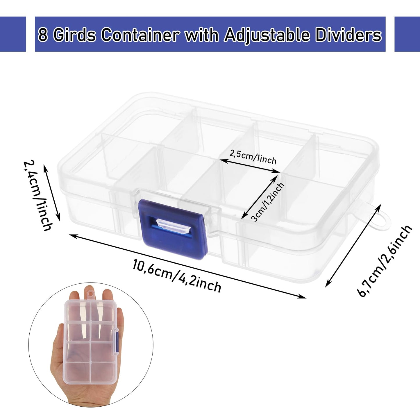 FWEEK 12 Pack 8 Grids Small Plastic Divider Organizer Box, Clear Bead Storage Container with Removable Dividers, Grid Compartment for Small Parts, Screw and Craft, 4.1"x 2.6"x 0.9"