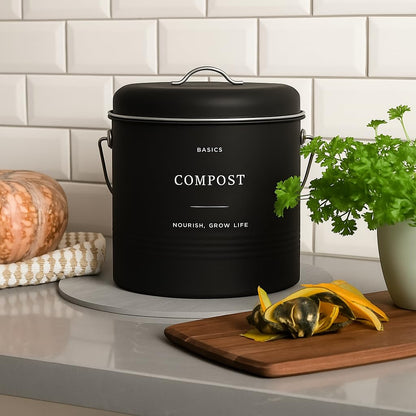 D'Lifeful Kitchen Compost Bin – 1.3 Gallon Countertop Farmhouse Compost Container with Lid – Odorless Indoor Food Scrap Pail with 6 Charcoal Filters – Eco-Conscious and Easy to Clean (Black)
