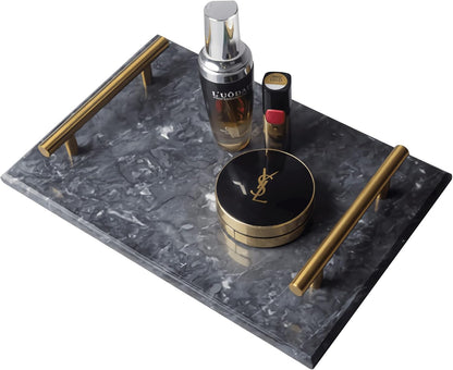 Black Real Marble Tray with Golden Handle, Decorative Natural Stone Tray for Bathroom, Kitchen, Vanity, Nightstand