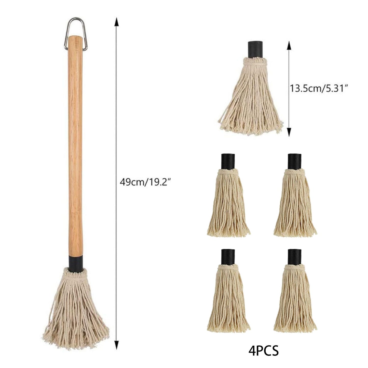 XMSTOY BBQ Mop Brushes for Sauce, Grill Basting Mop Wooden Long Handle BBQ Mop with 4 Extra Replacement Heads Perfect for BBQ Grilling Smoking Steak Marinade or Glazing (18 Inch)