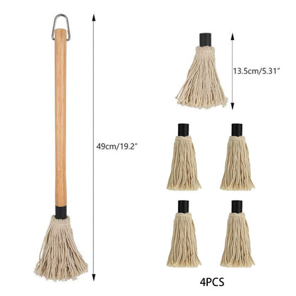 XMSTOY BBQ Mop Brushes for Sauce, Grill Basting Mop Wooden Long Handle BBQ Mop with 4 Extra Replacement Heads Perfect for BBQ Grilling Smoking Steak Marinade or Glazing (18 Inch)