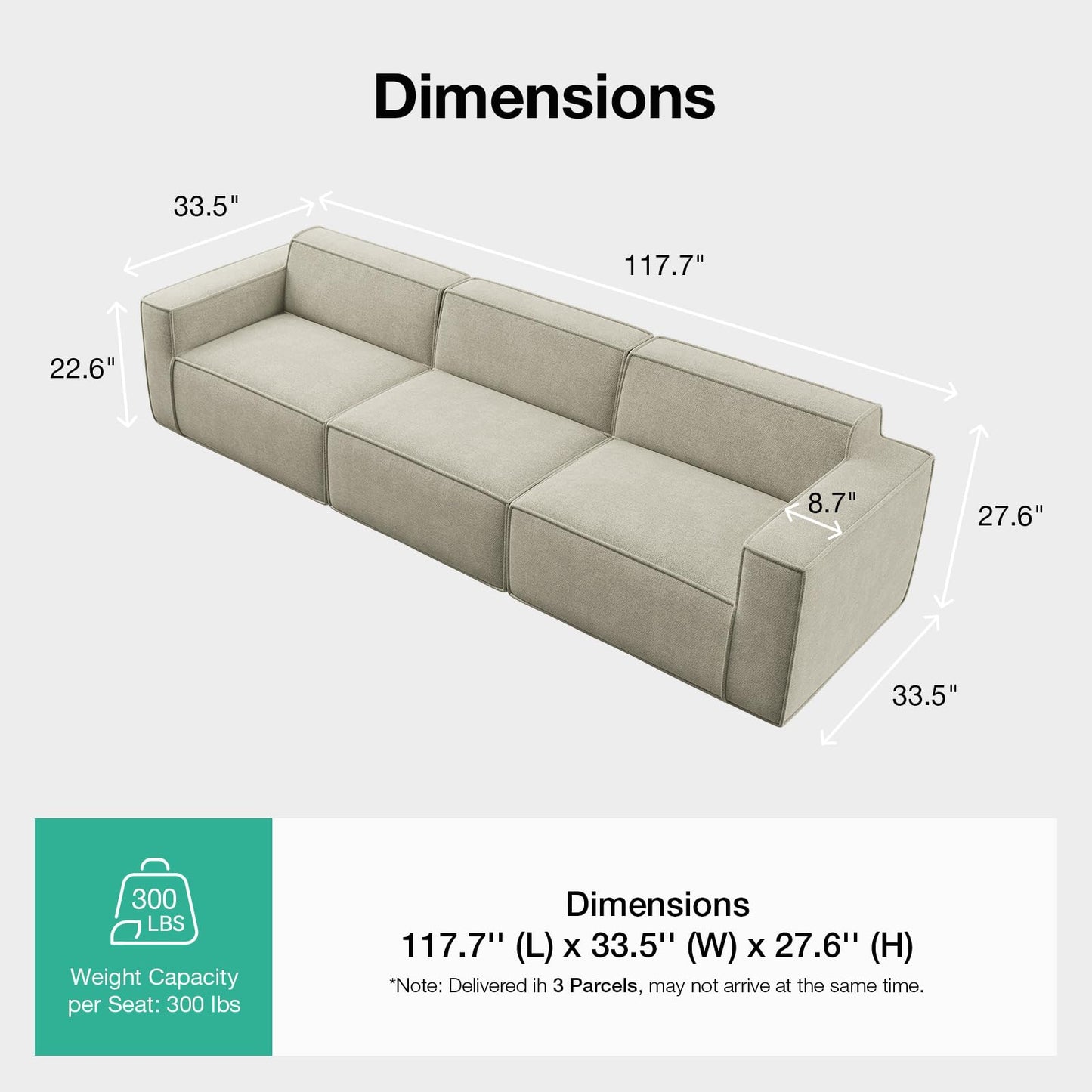 Novilla 117.7" Modular Sectional Sofa, No Assembly Cloud Sectional Couch with Smarts Coil® Support, Chenille Fabric Sectional Sofa, Deep Seat Boneless Couch for Living Room Apartment, Beige (3 seat)