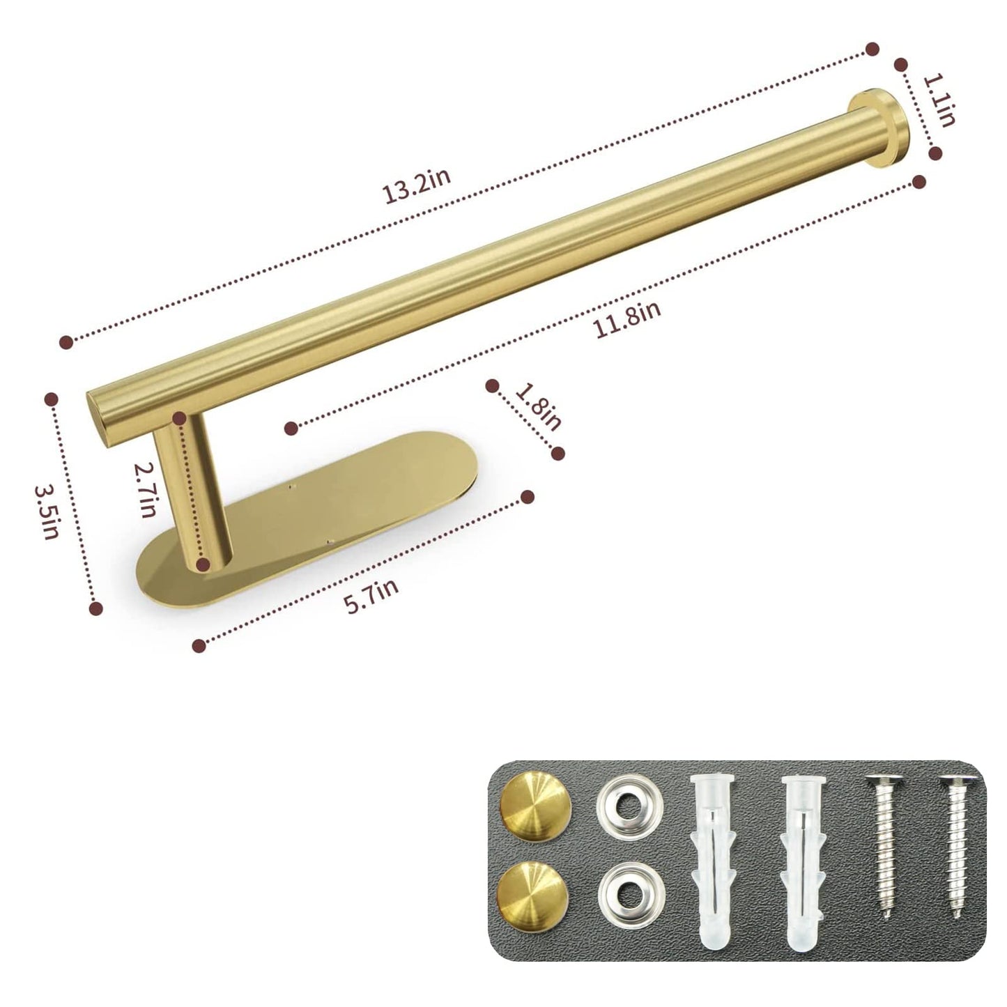 Kinbrace Paper Towel Holder with 2 Hooks-Under Cabinet Paper Towel Holder for Kitchen, Self-Adhesive or Screws, Space Saving Wall Mounted Kitchen Roll Holder, Bathroom, Stainless Steel Brushed Gold