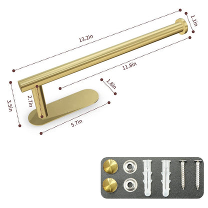 Kinbrace Paper Towel Holder with 2 Hooks-Under Cabinet Paper Towel Holder for Kitchen, Self-Adhesive or Screws, Space Saving Wall Mounted Kitchen Roll Holder, Bathroom, Stainless Steel Brushed Gold
