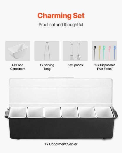 VEVOR Chilled Condiment Server, 6 Compartment Ice Cooled Condiment Serving Container, Chilled Garnish Tray Bar Caddy with Lid, for Bartending & Serving Taco, Salad, Fruit, Home & Restaurant Supplies