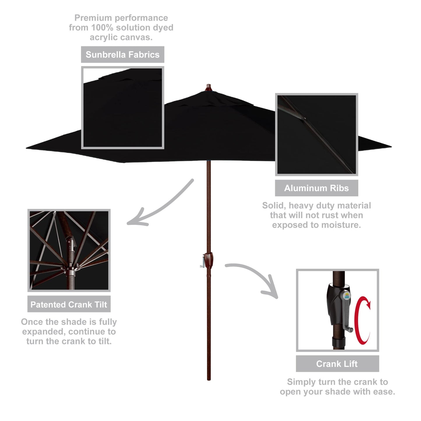 California Umbrella 12-Year Protection 9-Ft Outdoor Patio Umbrella, Sunbrella Fade-Resistant Acrylic Fabric, Auto Tilt and Crank, Heavy-Duty Aluminum Frame/ Reinforced Ribs, Bronze Pole, Black