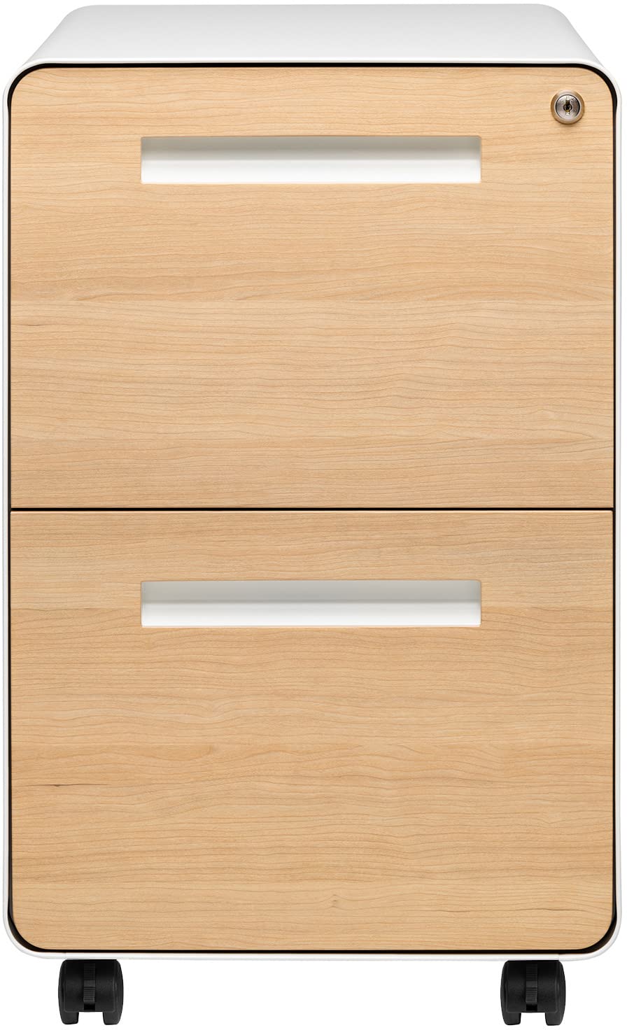 Laura Davidson Furniture Stockpile 2 Drawer Mobile File Cabinet with Lock - Under Desk Metal Filing Cabinet, Legal/Letter File Folders, Wheels and Stationary Feet, Pre-Assembled, White/Wood