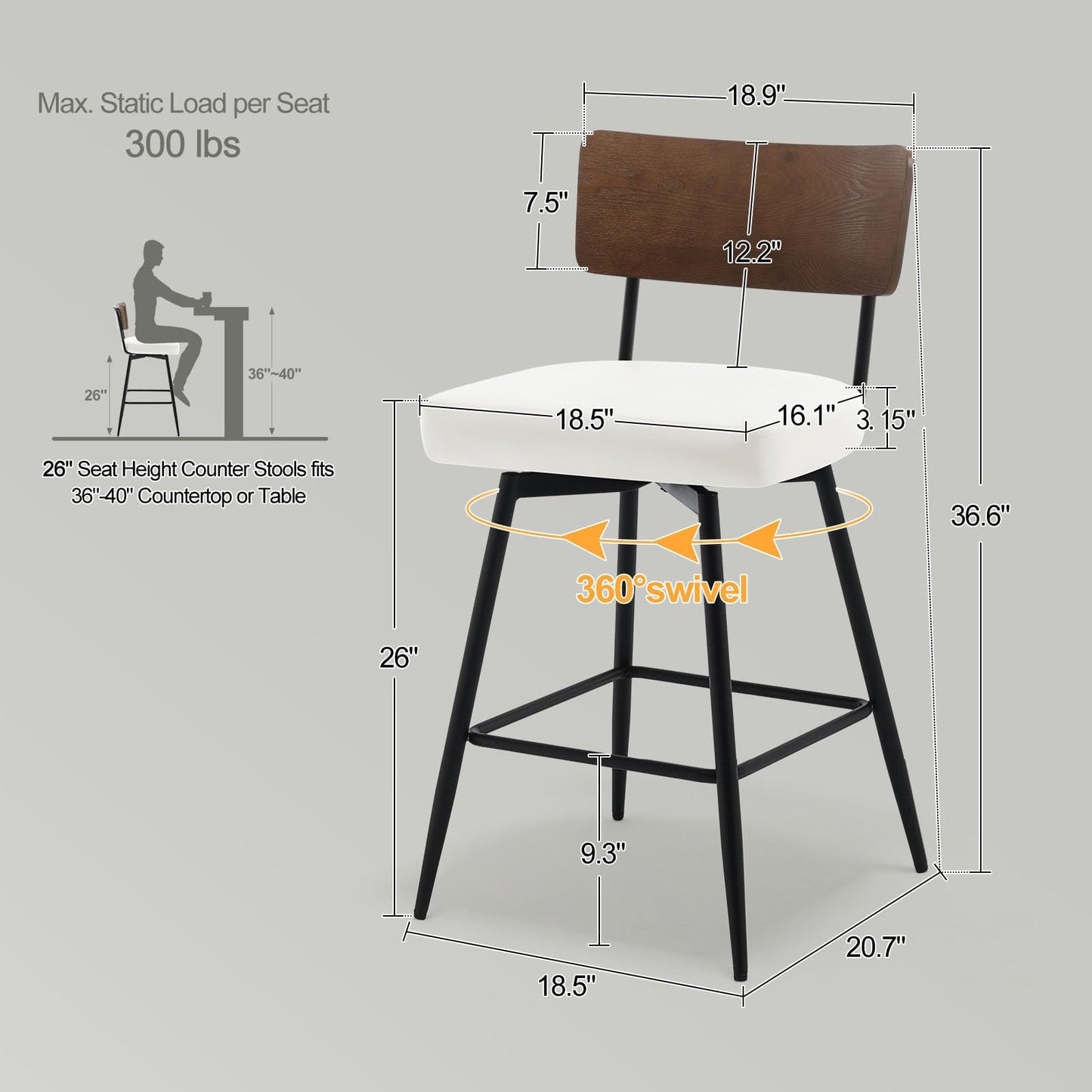 Bekrvio Counter Height Swivel Bar Stools Set of 4, Upholstered Faux Leather Barstools with Wood Backs and Metal Legs, 26" Seat Height Counter Bar Stool for Kitchen Island, White