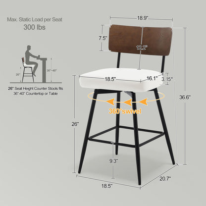 Bekrvio Counter Height Swivel Bar Stools Set of 4, Upholstered Faux Leather Barstools with Wood Backs and Metal Legs, 26" Seat Height Counter Bar Stool for Kitchen Island, White