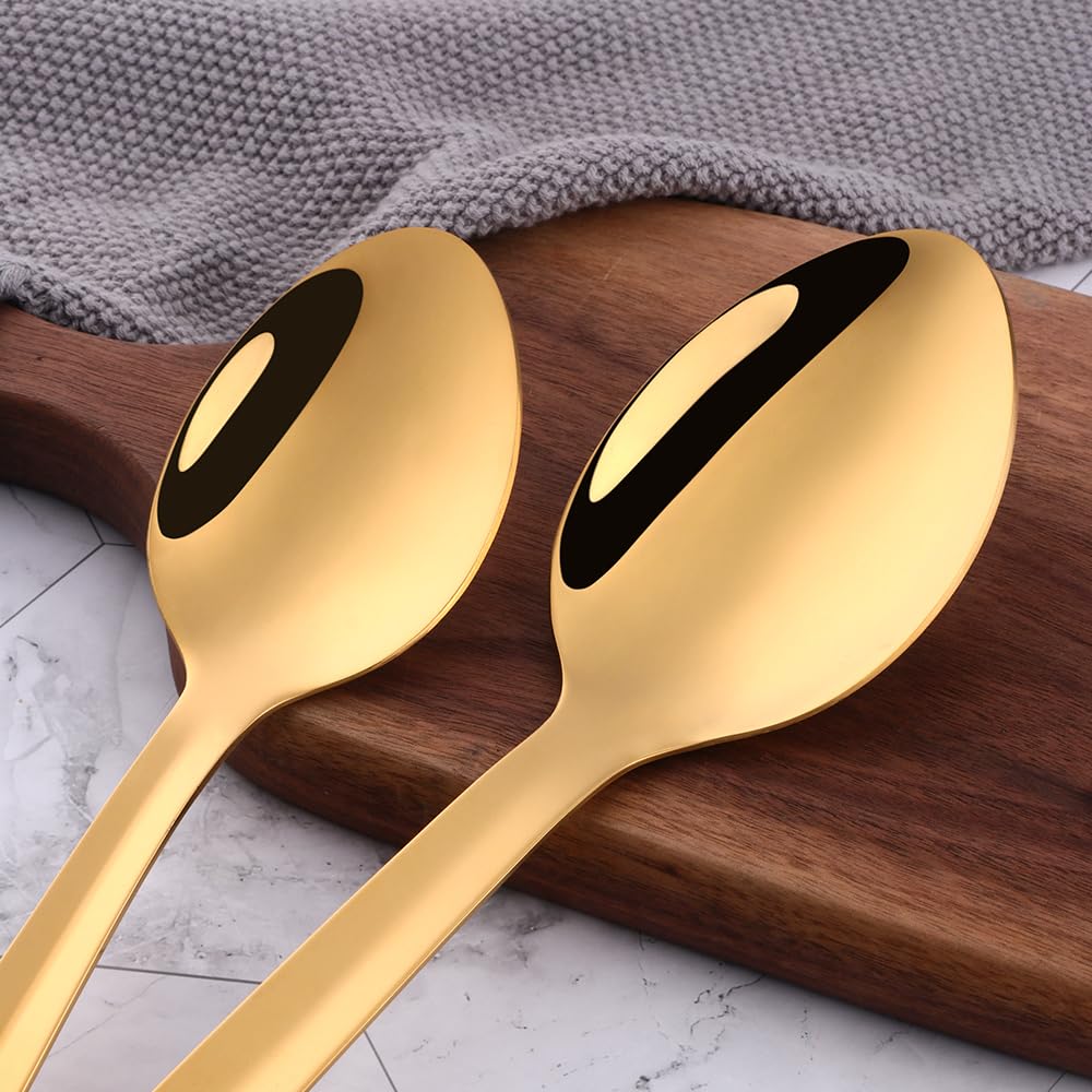 BOOTLION 13-Inch Serving Spoons Set of 4, Stainless Steel Buffet Banquet Spoon，Gold Long Handle Serving Spoons for Catering, Kitchen Dishwasher safe