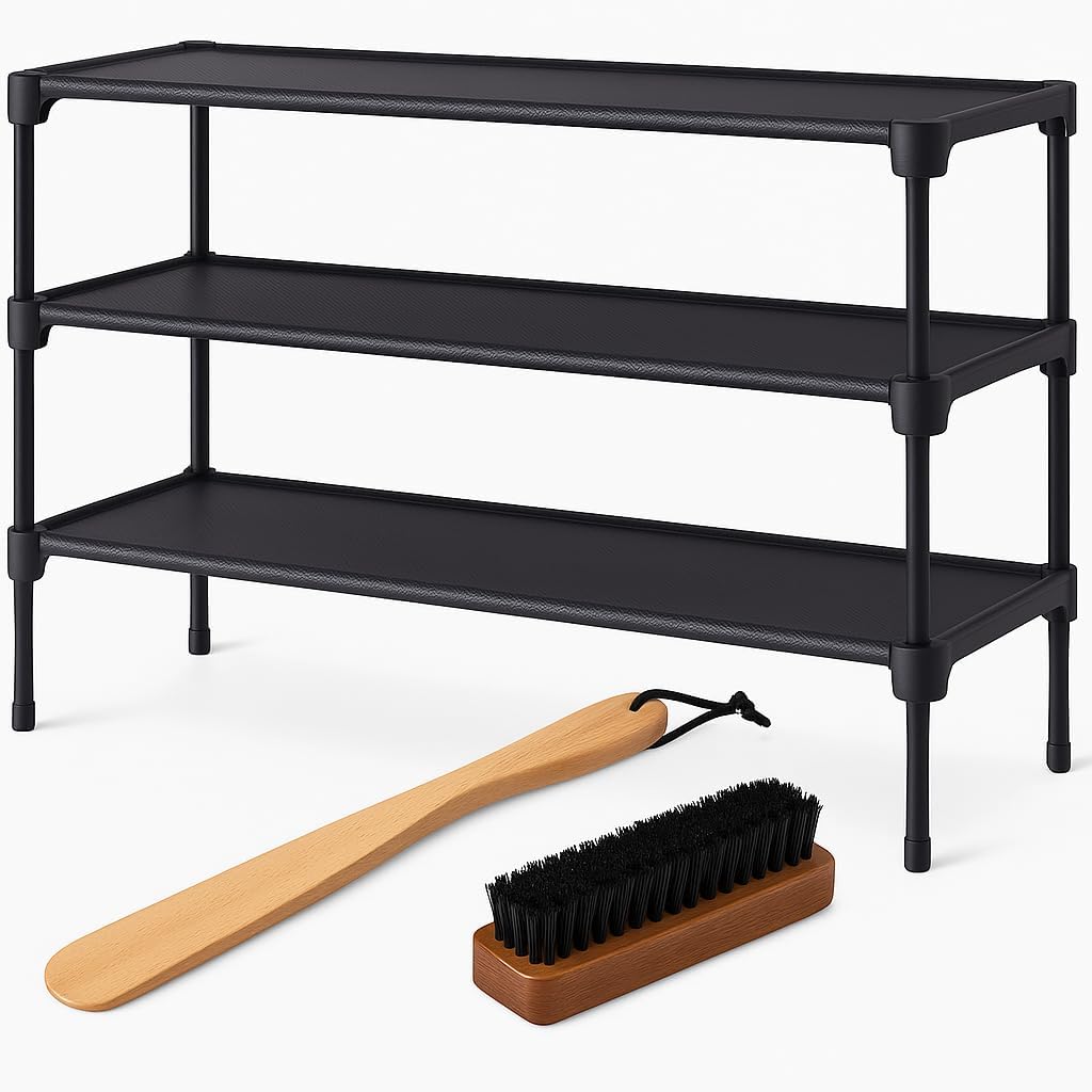 Non-Woven Shoe Rack by [Brand Name] - Stackable 3-Tier Organizer for Closet & Entryway - Black