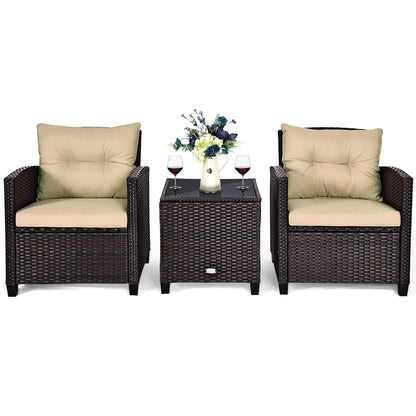 AUGESTER 3 PCS Patio Furniture Set, Outdoor PE Rattan Wicker Conversation Sofa Set w/Washable Cushion and Tempered Glass Tabletop, All Weather Chat Sofa for Garden Poolside Balcony Porch (Beige)