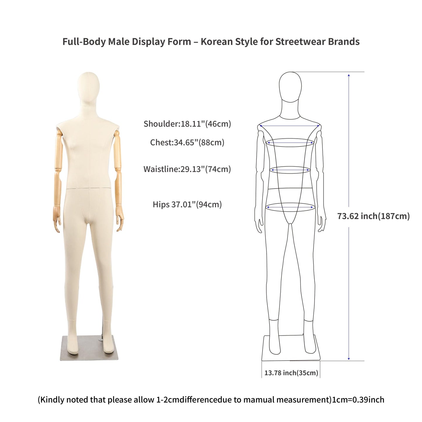Full Body Male Mannequin with Articulated Wood Arms, Premium Linen Covered Dress Form with Heavy Metal Base, Posable Retail Display Dummy for Boutique Window & Streetwear(Headless)