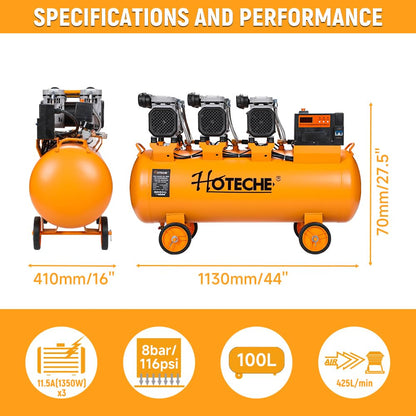 Hoteche 26 Gallon Silent Oil-Free Air Compressor, 5.4HP (1.8HP*3) High Flow 425L/Min Ultra Quiet Electric Air Pump with Triple Motors & Dual Cylinders for Workshop, Industrial Painting & Air Tools