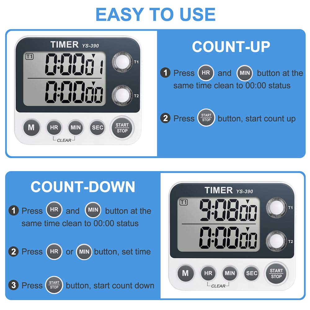 HomeMall Digital Kitchen Cooking Timer, Dual Count Up & Down with Magnetic Back, Large Display, Adjustable Volume and Flashing Alarm Light, ON/Off Switch Stopwatch, Battery Included