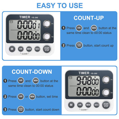 HomeMall Digital Kitchen Cooking Timer, Dual Count Up & Down with Magnetic Back, Large Display, Adjustable Volume and Flashing Alarm Light, ON/Off Switch Stopwatch, Battery Included