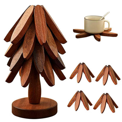 Natural Foldable Black Walnut Wood Insulation Pad Set — 4 Multifunctional Insulation Racks + 1 Hot Dish Rack, for Pots, Bowls, Teapots and Hot Pans