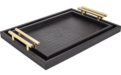 MACVAD Set of 2 Modern Elegant Large Wood Serving Tray, Rectangle Decorative Tray Ottoman Tay Coffee Table Tray, Black Crocodile Leather with Gold Polished Metal Handles