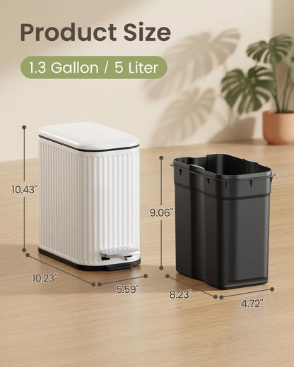 Cesun Bathroom Small Trash Can with Lid Soft Close - 1.3 Gallon Slim Garbage Can with Removable Inner Bucket, Stainless Steel Waste Basket with Step Pedal for Bedroom, Living Room, Office, White